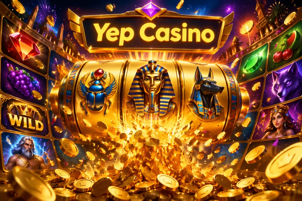 Egyptisch thema-slot met uitgelijnde gouden symbolen en opspattende munten in de Yep Casino-lobby