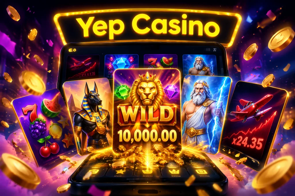 Yep Casino mobiele lobby met crash- en slottegels die als kaarten naar voren komen