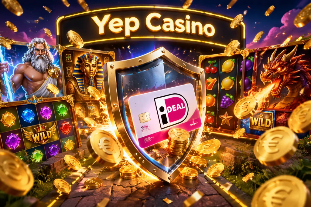 Veilige casinobetaling: een iDEAL-achtige betaalkaart en gouden munten door een beschermend schild